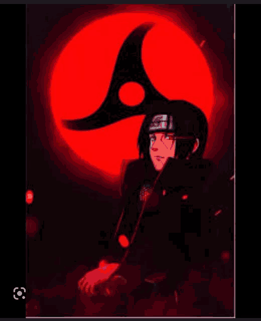 itachi uchiha from naruto is sitting in front of a red circle with his eyes glowing .