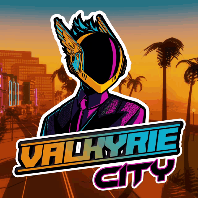 a logo for valkyrie city with a man in a suit and helmet