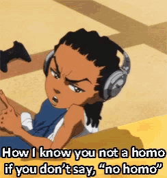 a cartoon of a boy wearing headphones with the words how i know you not a homo if you don 't say no homo