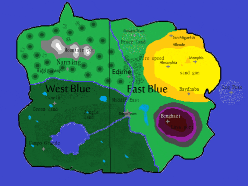 a map of west blue and east blue is shown on a blue surface