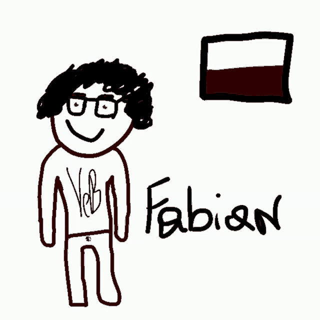 a drawing of a person named fabian with a flag in the background