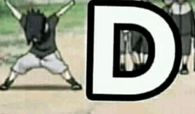 a cartoon character is standing next to a large letter d .