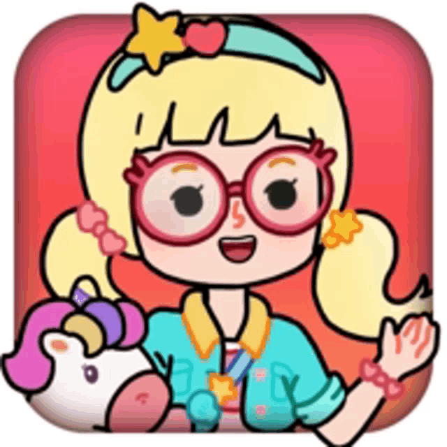 a girl with glasses is holding a unicorn in her hand .