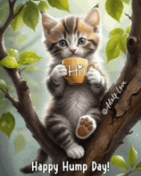 a kitten sitting on a tree branch holding a cup of coffee .