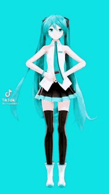 a 3d model of hatsune miku is standing on a blue background .