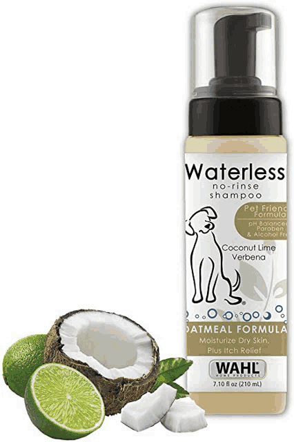 a bottle of waterless no rinse shampoo with coconut lime and verbena