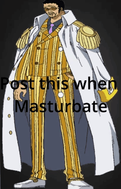 a cartoon of a man in a yellow and white striped suit with the words post this when masturbate below him