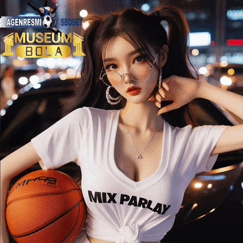 a woman holding a basketball wearing a mix parlay shirt