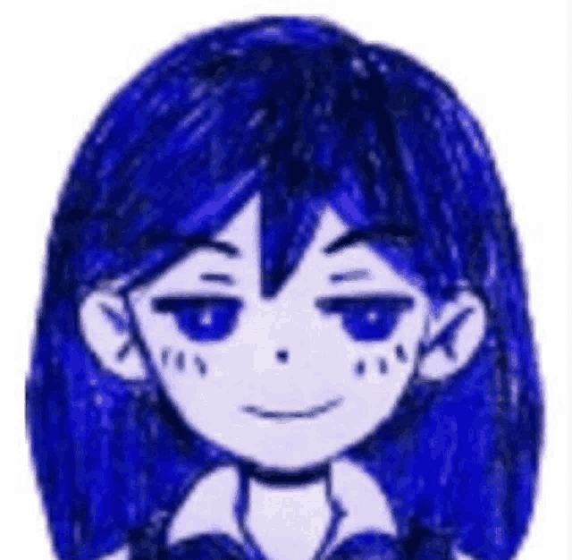 a close up of a drawing of a girl with blue hair and blue eyes .