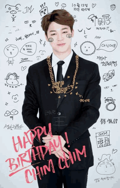 a poster that says happy birthday chim with a man in a suit