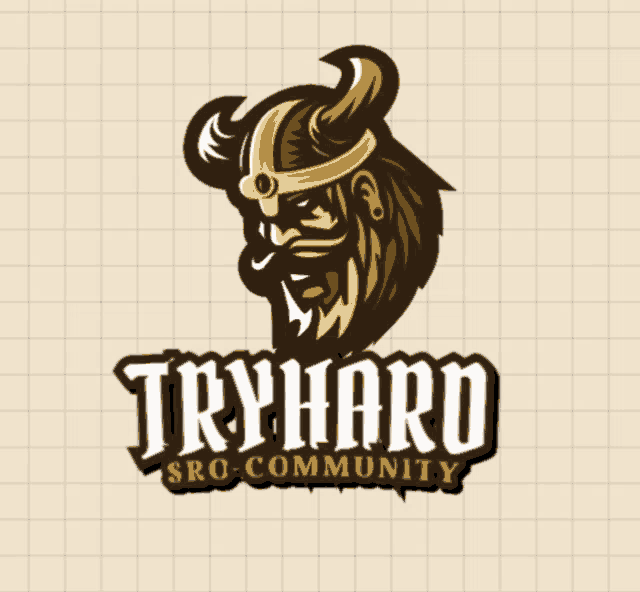 a logo for tryhard shows a viking wearing a crown and horns