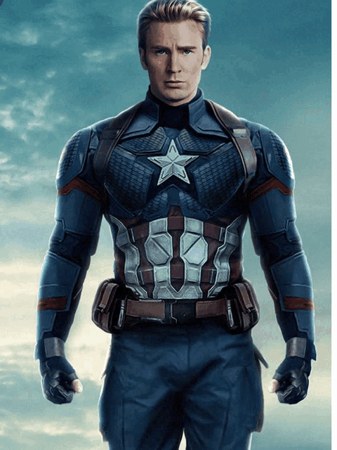 a man in a captain america uniform stands in front of a blue sky