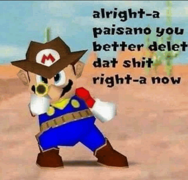 a cartoon of mario wearing a cowboy hat and holding a gun with a quote .