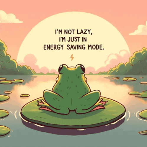 a frog is sitting on a lily pad with the words " i 'm not lazy " written on the top