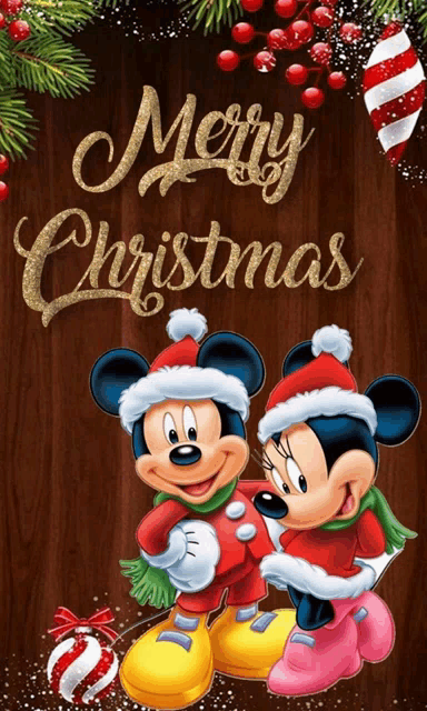 a merry christmas card with mickey and minnie mouse