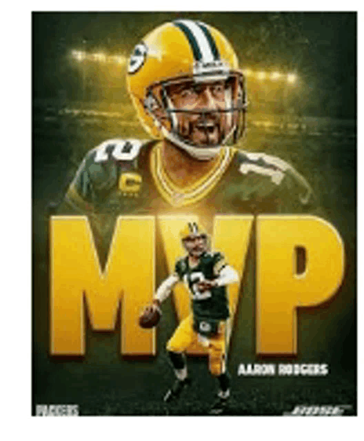 a poster of a green bay packers football player wearing a helmet and holding a football .