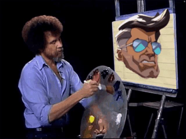 bob ross paints a picture of a man with sunglasses