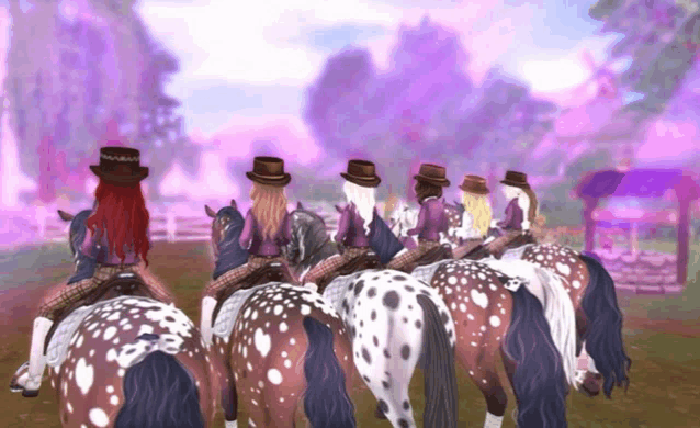 a group of women are riding horses in a row