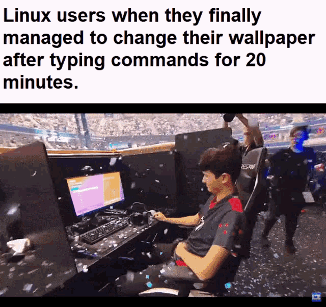 a meme about linux users when they finally managed to change their wallpaper after typing commands for 20 minutes ..