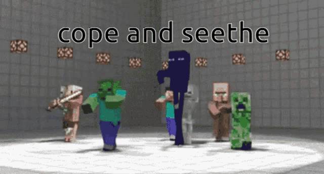 a group of minecraft characters are dancing in a room with the words cope and seethe written above them