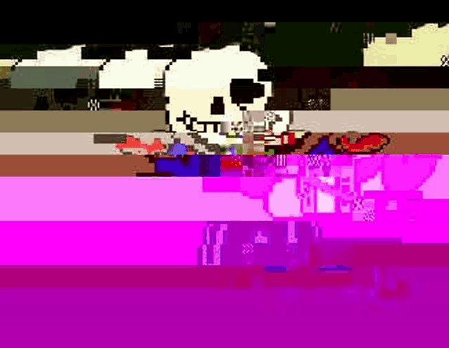 a pixel art of a skeleton eating a pizza on a purple and pink background .