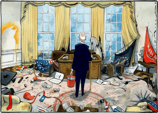 a cartoon of a man standing in a messy room with a flag that says make america great