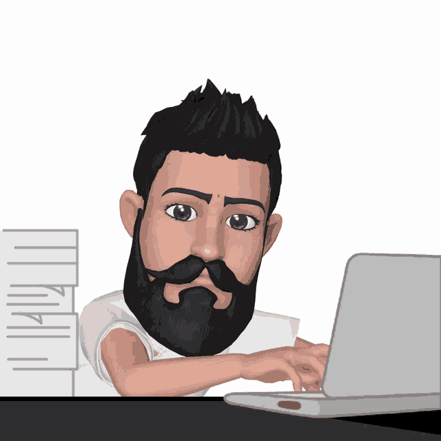 a cartoon of a man with a beard and mustache typing on a laptop