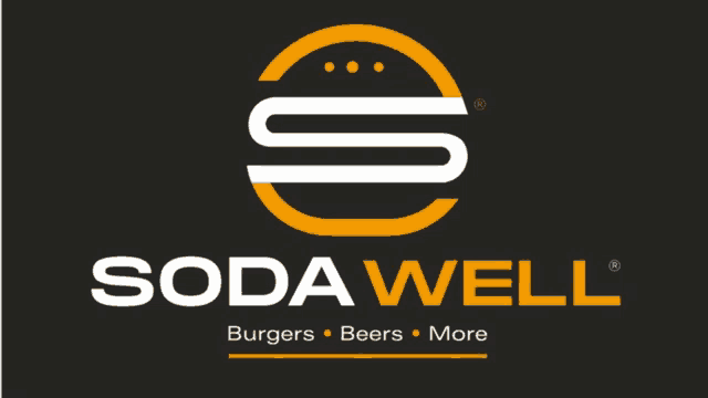 a logo for soda well which offers burgers beers and more