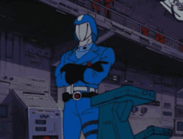 a cartoon character in a blue suit stands in a room with his arms crossed