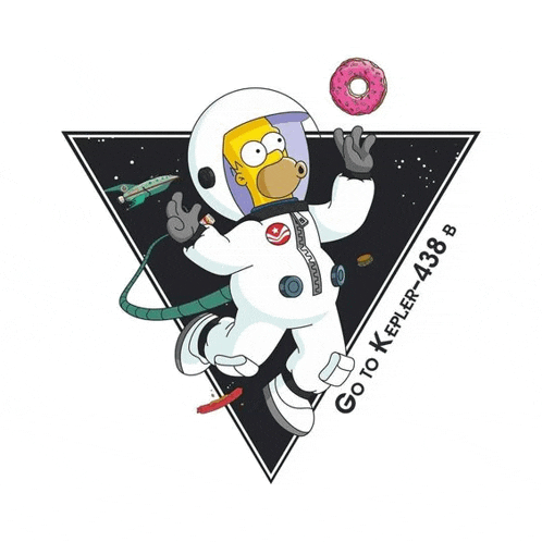 a cartoon of homer simpson in space holding a donut with the words go to kepler-438b below him