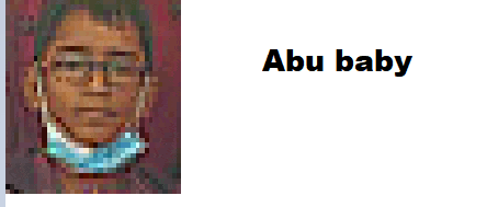 a pixelated image of a man wearing glasses and a blue mask with the name abu baby below it