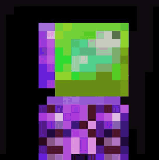 it looks like a pixel art of a purple and green frog .