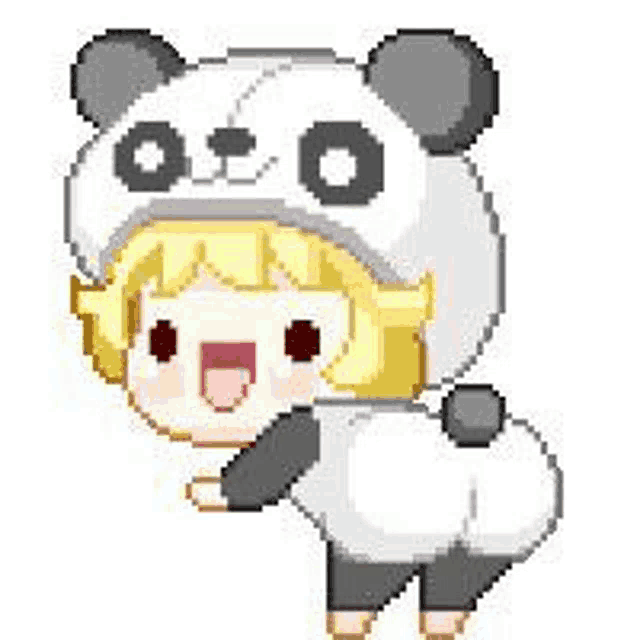 a pixel art illustration of a girl dressed as a panda bear .