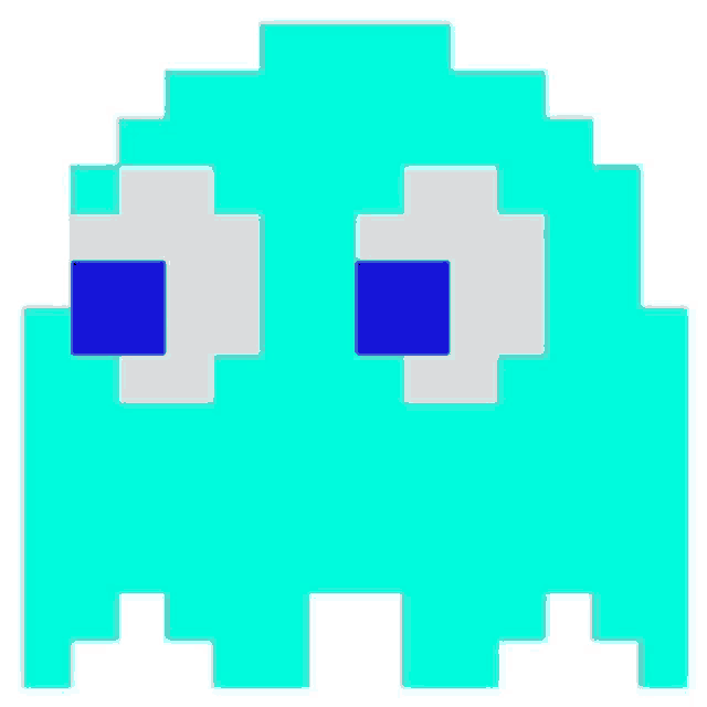 a pixel art drawing of a ghost with blue eyes and a white head .