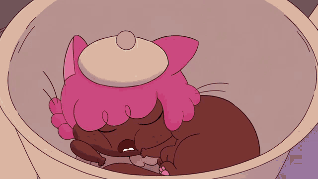 a cartoon drawing of a cat with pink hair