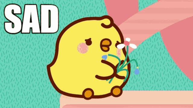 a cartoon chicken holding a bouquet of flowers with the word sad below it