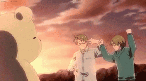 three anime characters are standing next to a teddy bear .