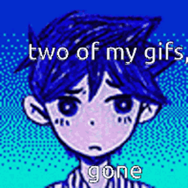 a pixel art of a boy with blue hair and the words `` two of my gifs , gone ''