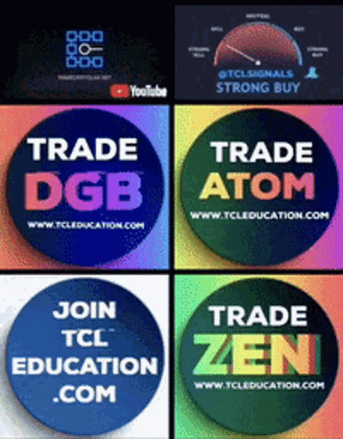 a collage of four buttons that say trade dgb trade atom and trade zen