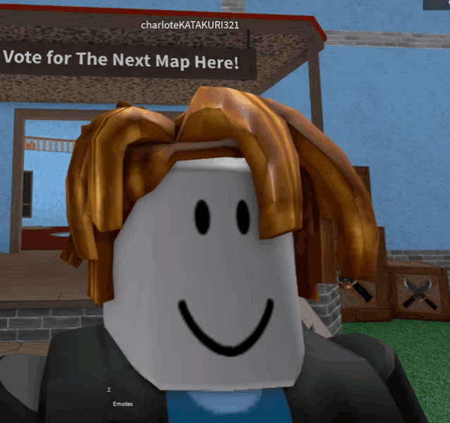 a roblox character with a smile on his face is standing in front of a sign that reads vote for the next map here