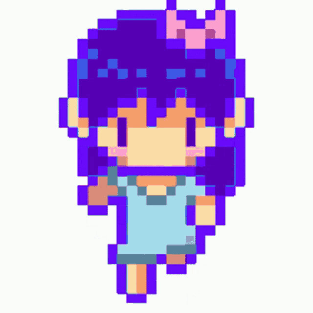 a pixel art of a girl with purple hair and a pink bow on her head .