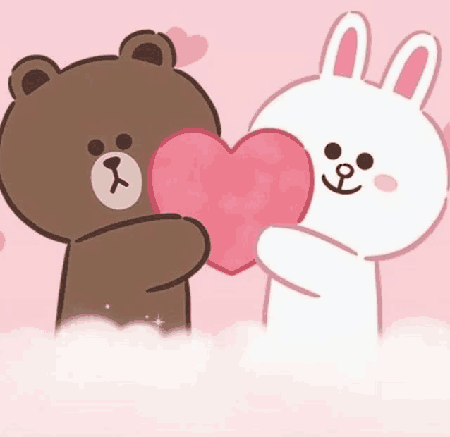 a brown bear and a white rabbit are holding a heart together