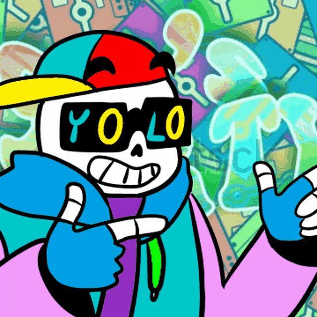 a cartoon drawing of a skeleton wearing sunglasses that say " yo lo "