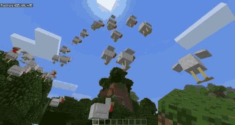 a flock of chickens are flying in the air in a minecraft game .