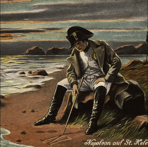 a painting of napoleon sitting on a rock by the water