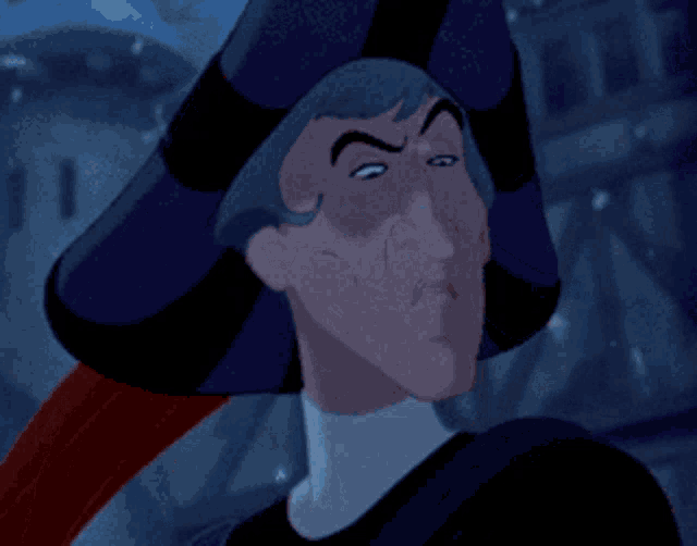 a cartoon character is wearing a purple hat with a red beak