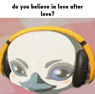 a picture of a bird wearing headphones that says do you believe in love after love ?