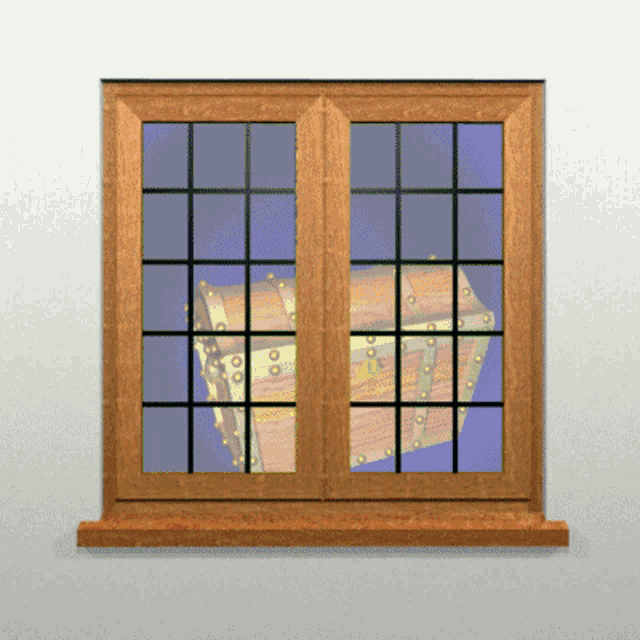 a wooden window with a treasure chest in it