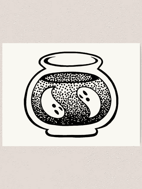 it is a black and white drawing of a fish bowl with two ghosts in it .