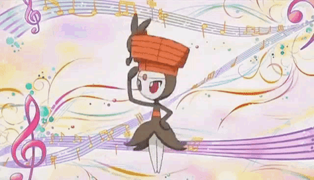 a cartoon character is dancing in front of a colorful background with music notes .